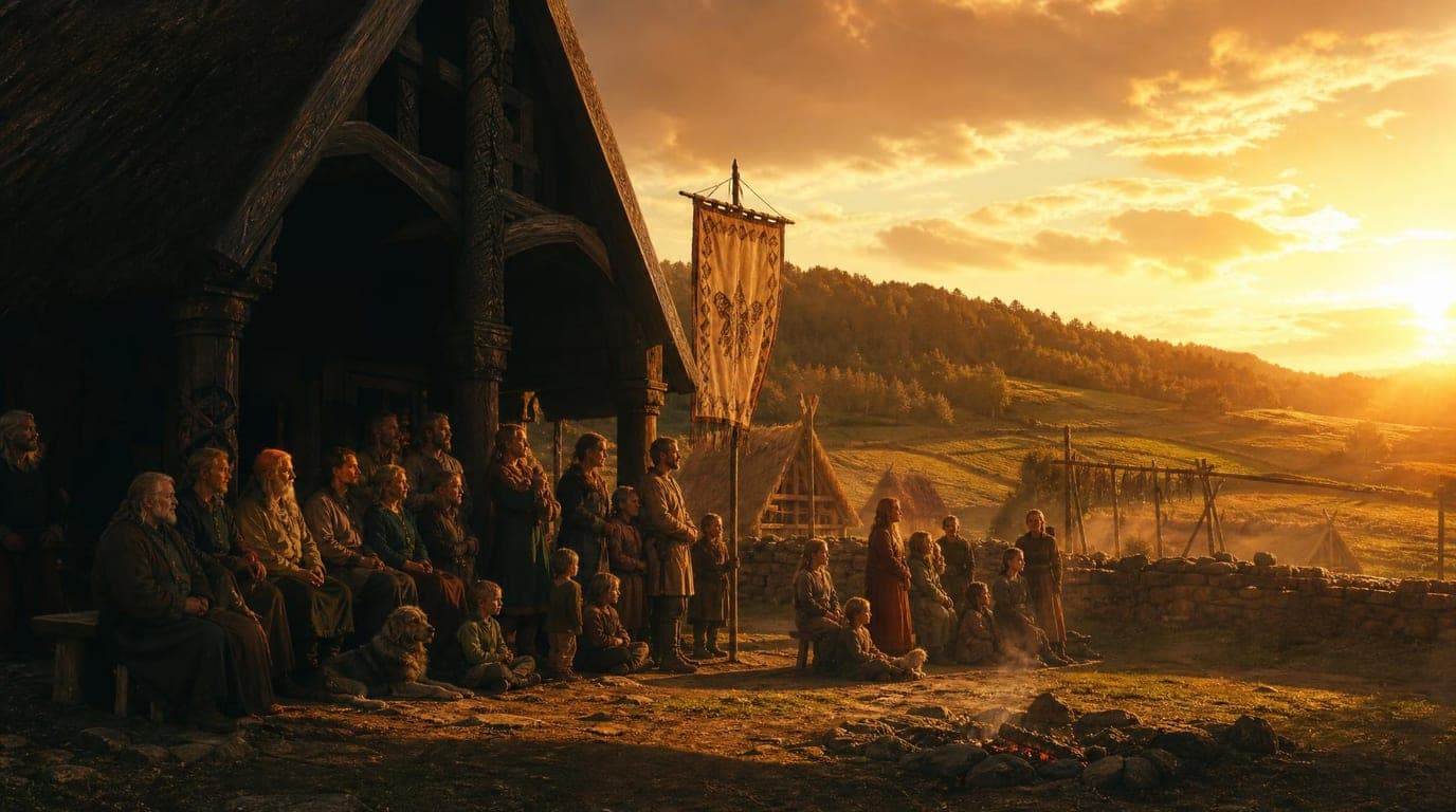 A colony gathered outside a great timber longhouse at sunset: elders on a bench, families standing together, children on the steps, their house banner on a pole, and strip fields running away to a wooded ridge.