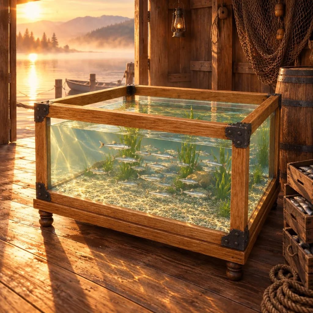 A large floor-standing bait tank, oak-framed with iron corner brackets, in a lakeside boathouse at golden hour beside a barrel and fish crates, a shoal of small silver baitfish swimming over gravel and water weed.