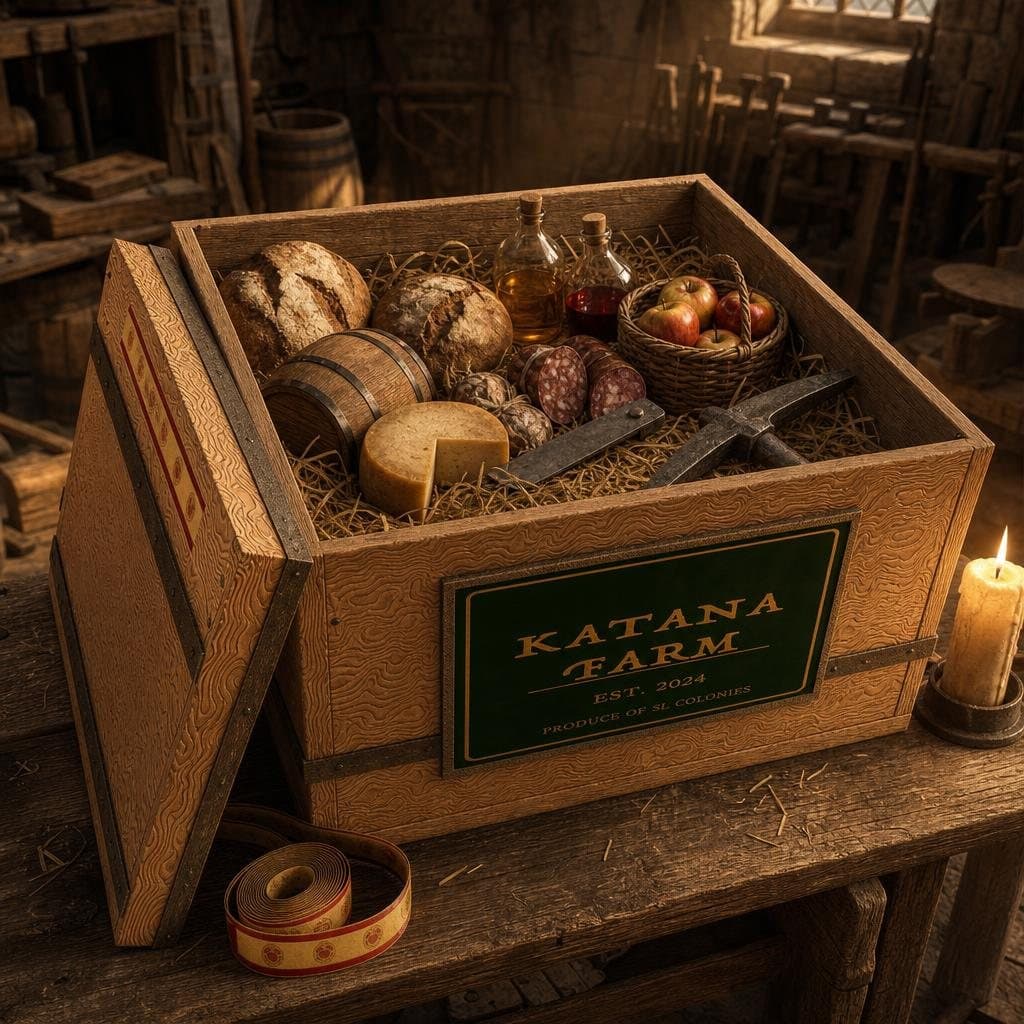 An open Katana Farm crate on a workshop table, packed in straw with loaves, a wheel of cheese, cured meats, bottles, a small cask and apples, its lid leaning against the side.