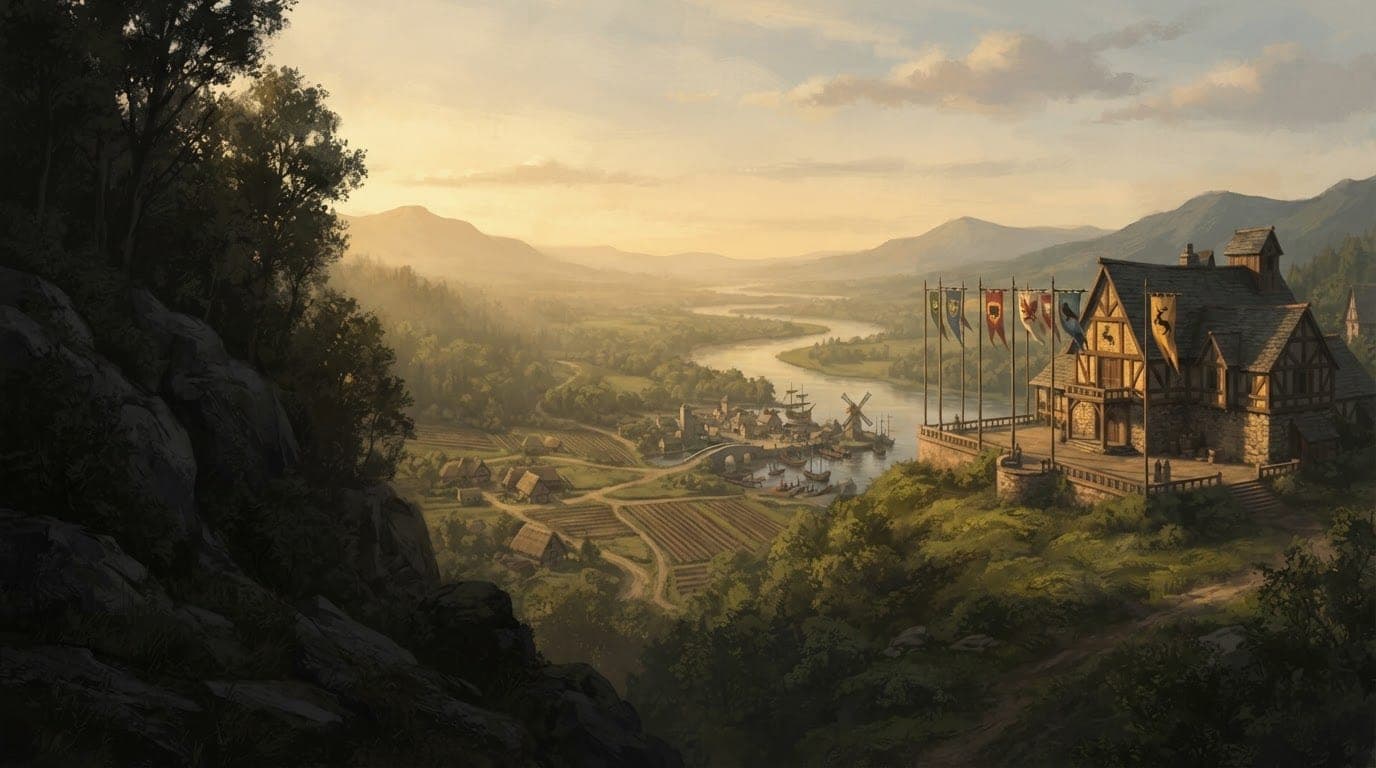A timber and stone moot hall on a rise above a river valley at golden hour, heraldic banners along its terrace, farms and a harbour town below